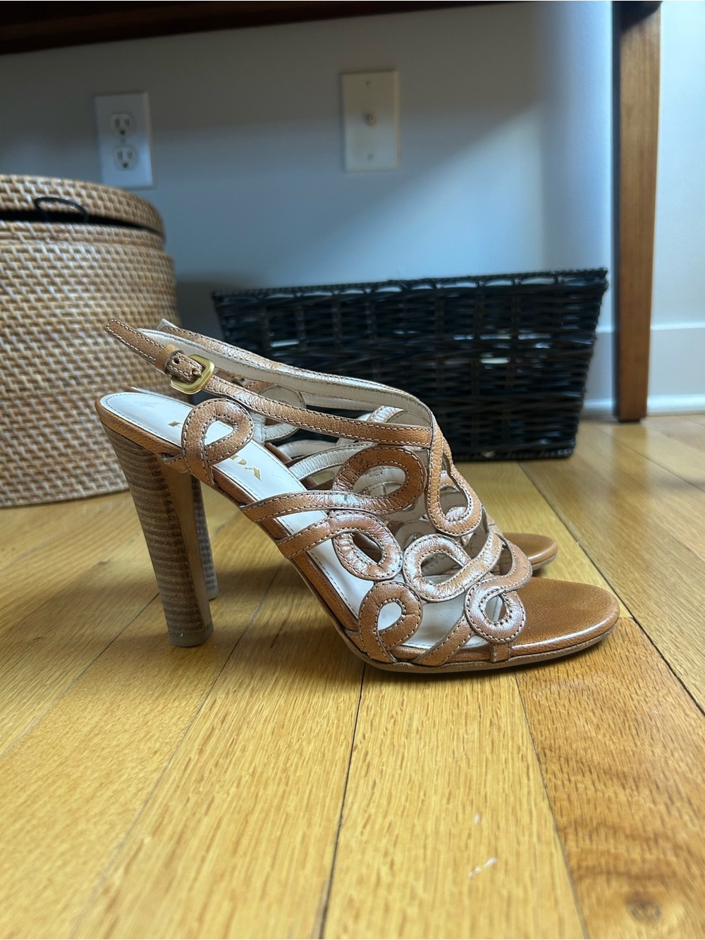 Prada Tan Leather Cutout Slingback Heels - Picture 3 of 3